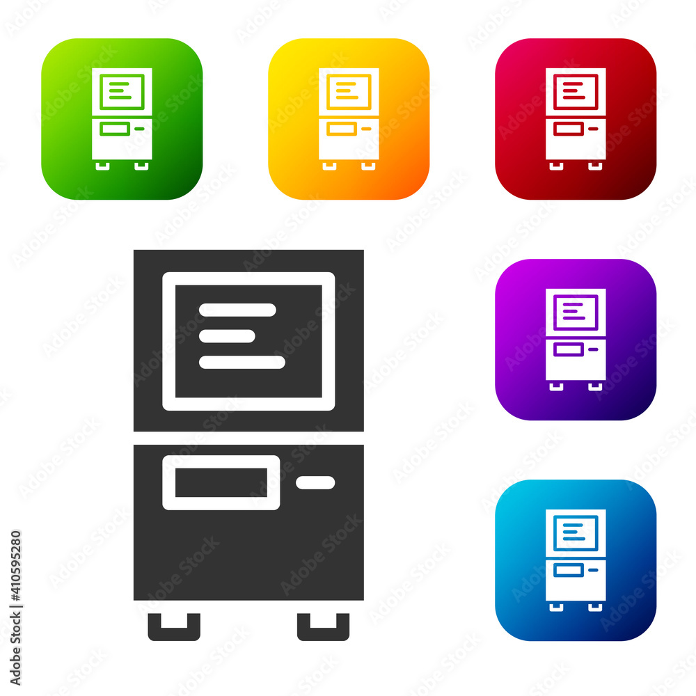 Sticker black atm - automated teller machine icon isolated on white background. set icons in color square bu