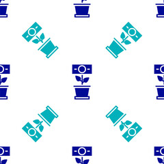 Blue Money plant in the pot icon isolated seamless pattern on white background. Business investment growth concept. Money savings and investment. Vector.