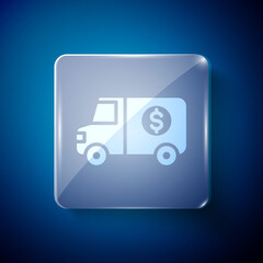 White Armored truck icon isolated on blue background. Square glass panels. Vector.