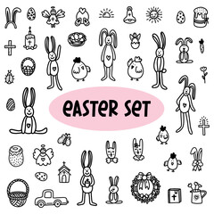 Fototapeta premium A set of cute Easter doodles. Easter bunnies, chickens, eggs, etc. Hand-drawn vector illustration in doodle style