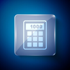 White Calculator icon isolated on blue background. Accounting symbol. Business calculations mathematics education and finance. Square glass panels. Vector.