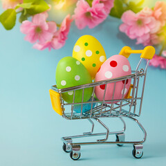 Naklejka na ściany i meble Colorful painted Easter eggs in shopping cart on blue background. Sale. Shopping