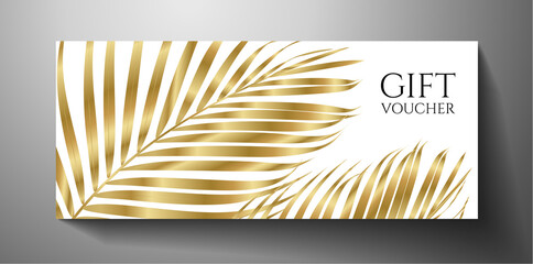 Gift Voucher, Gift certificate with gold luxe palm branch isolated on white background. Premium template useful for vip invitation, golden coupon design