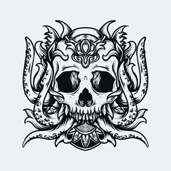 tattoo and t-shirt design black and white hand drawn octopus skull   engraving ornament premium vector