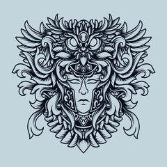 tattoo and t-shirt design black and white hand drawn owl and human face   engraving ornament premium vector