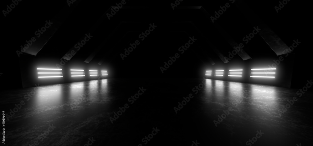Poster a dark corridor lit by white neon lights. reflections on the floor and walls. 3d rendering image.