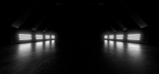 A dark corridor lit by white neon lights. Reflections on the floor and walls. 3d rendering image.