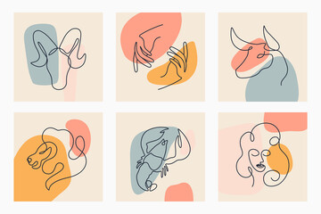Continuous line art zodiac signs. Contemporary art concept backgrounds set.