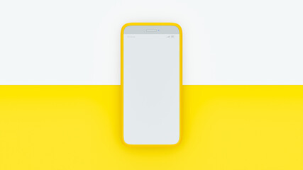 mobile phone in yellow case Mock-Up on white and yellow background. minimal idea concept, 3D Render.