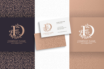 Premium Vector D logo. Monnogram, lettering and business cards. Delicate elegant floral pattern of roses . Personal logo or sign for branding an elite company. Vector design.