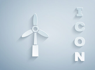 Paper cut Wind turbine icon isolated on grey background. Wind generator sign. Windmill for electric power production. Paper art style. Vector.