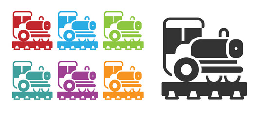 Black Vintage locomotive icon isolated on white background. Steam locomotive. Set icons colorful. Vector.