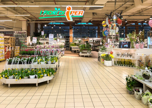 Varese, Lombardy, Italy - February 3, 2021: Gardening department inside of the IPER of Varese hypermarket, interior of the shopping center, Varese, Italy