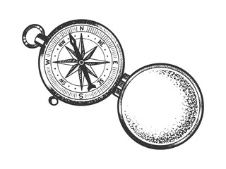 vintage compass sketch engraving vector illustration. T-shirt apparel print design. Scratch board imitation. Black and white hand drawn image.