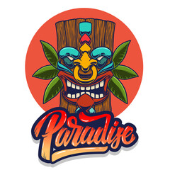 Paradise. Emblem template with tiki idol. Design element for poster, card, banner, sign, emblem. Vector illustration