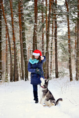 Young smiling girl in Santa Claus hat with Husky dog from winter forest. It is to train the dog. Vertical orientation.