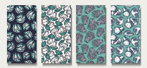 Trendy seamless mushrooms patterns. Set of fungi vegan food backgrounds. Endless texture with boletus and champignon for wallpaper