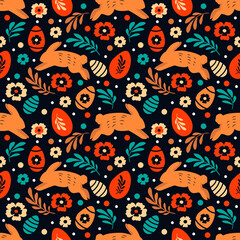 vector seamless pattern on Easter theme in folk, boho, country style. Pattern with hand drawn bunnies, Easter eggs and flowers. for printing on fabric, wrapping paper, clothing.