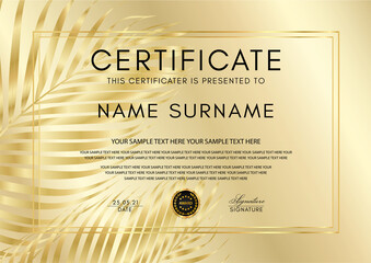 Certificate with gold palm leaf (branch) on golden background and golden black medal. Luxury exotic design layout template useful for diploma, gift certificate