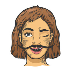 Happy young winking woman with long mustache color sketch engraving vector illustration. Scratch board style imitation. Hand drawn image.