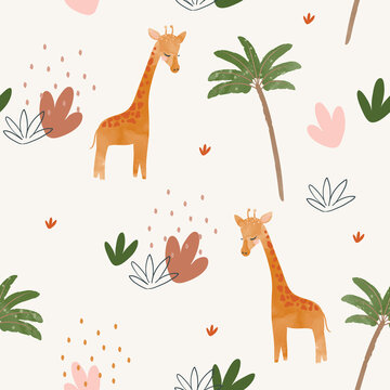 Cute baby giraffe seamless pattern illustration for children. Bohemian watercolor boho forest giraffe drawing, vector illustration. Perfect for nursery posters, patterns, wallpapers.