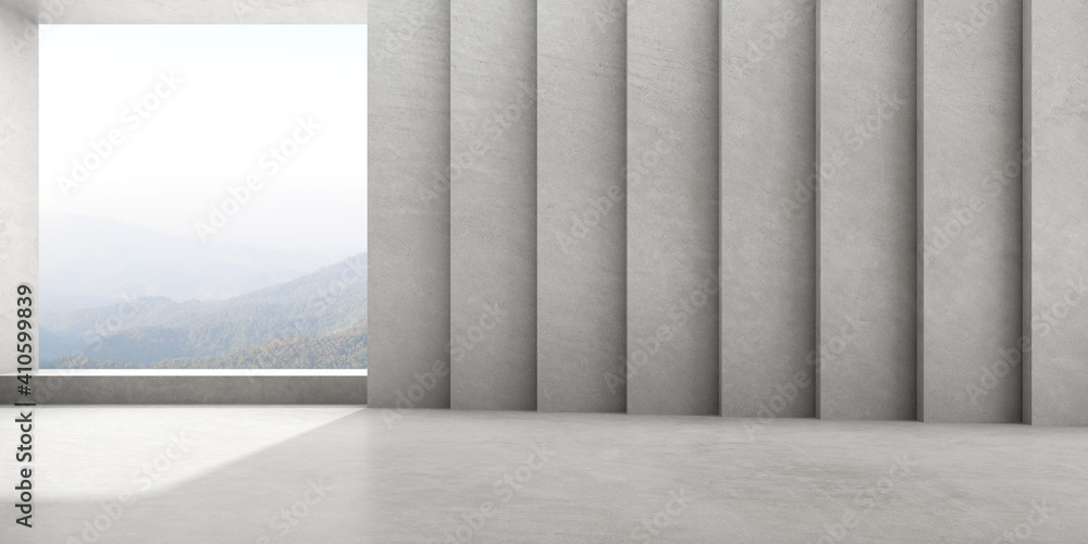 Poster 3d render of empty concrete room with large window on nature background.