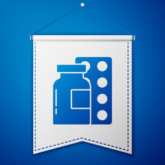 Blue Pills in blister pack icon isolated on blue background. Medical drug package for tablet, vitamin, antibiotic, aspirin. White pennant template. Vector.