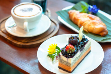 Blueberry cheesecake, bakery with Cappuccino coffee
