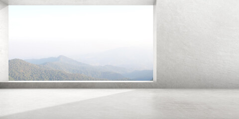 3d render of empty concrete room with large window on nature background.