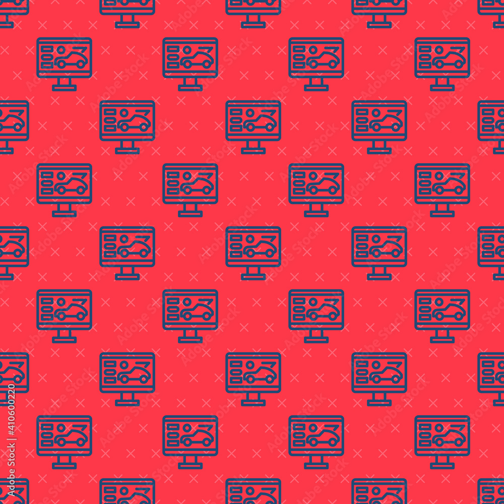 Poster blue line hardware diagnostics condition of car icon isolated seamless pattern on red background. ca