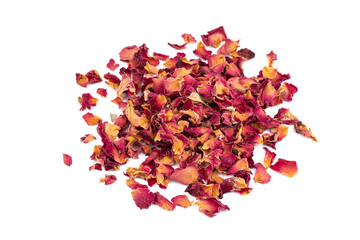 Dried rose leaves on the white background