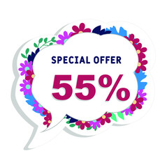Fototapeta premium Spring sale background with 55% discount. Discount offer price tag. Special spring sale with flowers and leaves . Set of sale banners. Isolated Background. Banner, flyer, invitation, poster, brochu