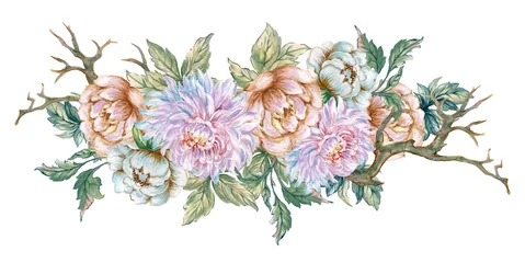 Gordijnen Vintage Bloemen Watercolor Illustration bouquet  peonies Chrysanthemum Blossom green leaves foliage dry wood oriental style for invitation frame border card  © HoyaBouquet