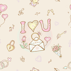 Сartoon-style seamless pattern for St Valentine's Day or for the wedding. I Love You. 