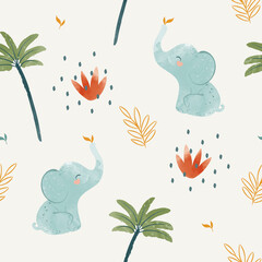 Cute baby elephant seamless pattern illustration for children. Bohemian watercolor boho forest elephant drawing, vector illustration. Perfect for nursery posters, patterns, wallpapers.
