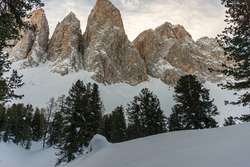 The rocky Odles in Funes Southtyrol, Italy, Dolomites by UNESCO as a serial world natural heritage in the winter