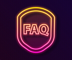 Glowing neon line Shield with text FAQ information icon isolated on black background. Guard sign. Security, safety, protection, privacy concept. Vector Illustration.