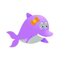 purple dolphin with yellow ribbon on the head, vector cartoon design illustration, perfect for t-shirt designs, pillows, card sheets, invitations, books, posters etc.