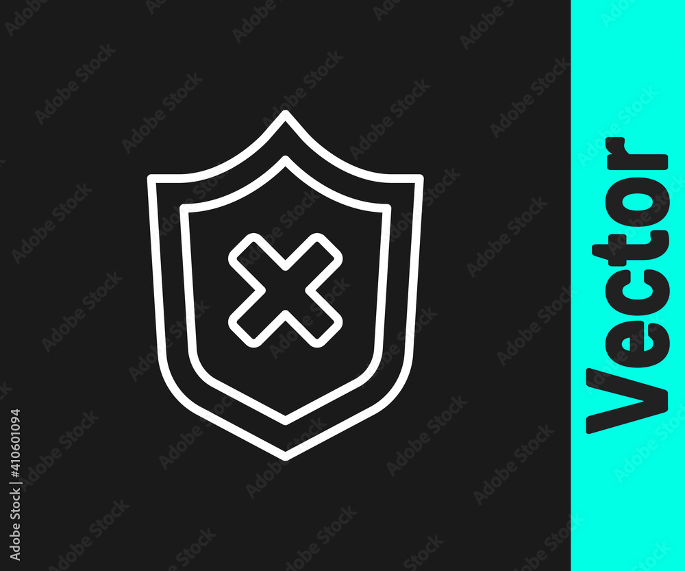 Poster white line shield with cross mark icon isolated on black background. shield and rejected. notice of 
