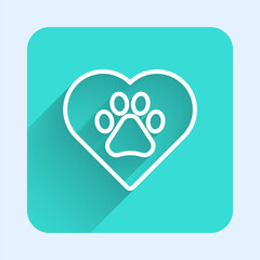 White line Heart with animals footprint icon isolated with long shadow. Pet paw in heart. Love to the animals. Green square button. Vector.