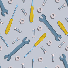 Obraz premium Seamless pattern with screws, bolts, screwdrivers and keys. Construction tools for home renovation. vector illustration.