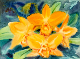Abstract watercolor original painting yellow color of orchid flower