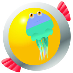 jellyfish with winged yellow circle background, animal design cartoon style