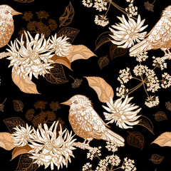 Seamless pattern with birds, flowers and leaves. Black vintage background. Botany. Vector illustration.