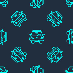 Green line Car icon isolated seamless pattern on blue background. Front view. Vector.