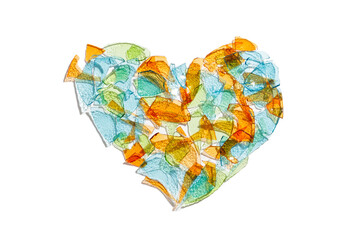 Colorful Glass in the shape of a Heart on a white background. Background of fragments of colored multicolored glass .