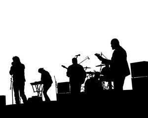 Naklejka premium Rock band musicians on stage. Isolated silhouettes on a white background