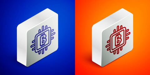 Isometric line CPU mining farm icon isolated on blue and orange background. Bitcoin sign inside processor. Cryptocurrency mining community. Digital money. Silver square button. Vector.