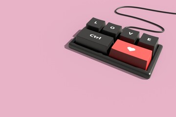 Valentine's day minimal abstract technology equipment button keyboard with LOVE and heart symbol, 3d rendering