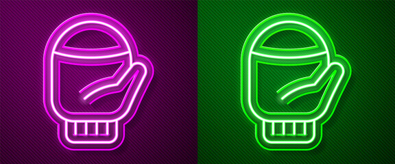 Glowing neon line Christmas mitten icon isolated on purple and green background. Vector.